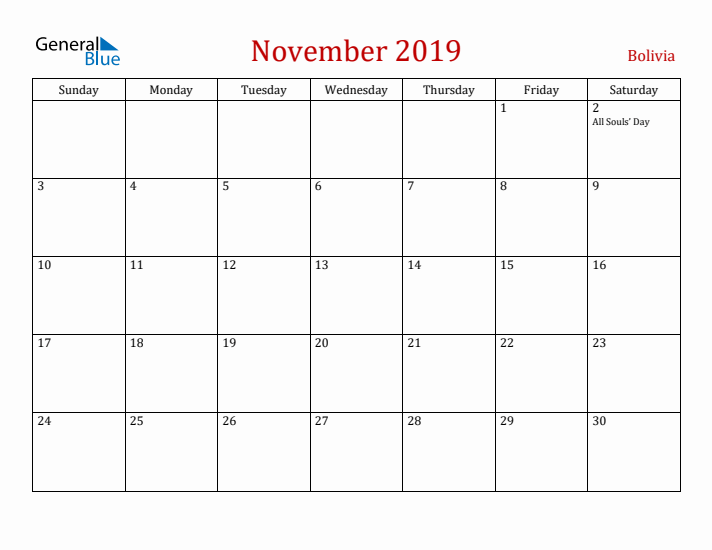 Bolivia November 2019 Calendar - Sunday Start
