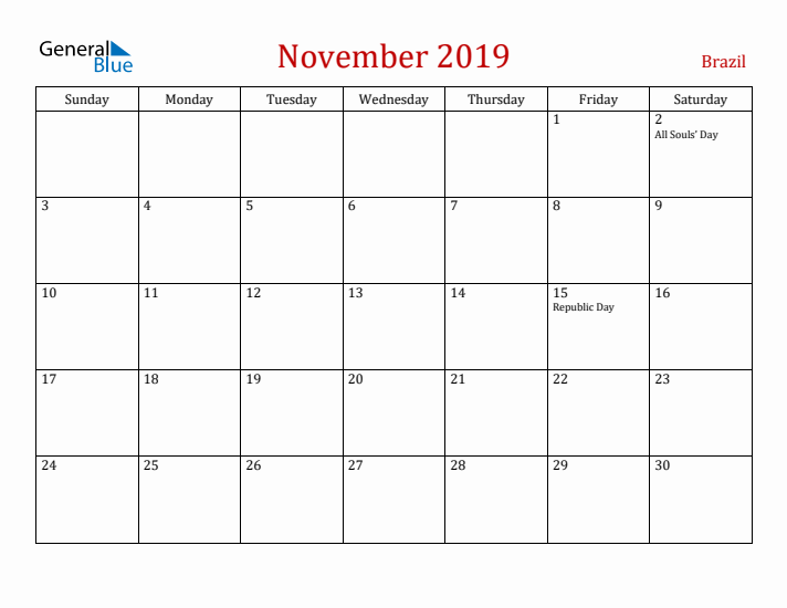 Brazil November 2019 Calendar - Sunday Start