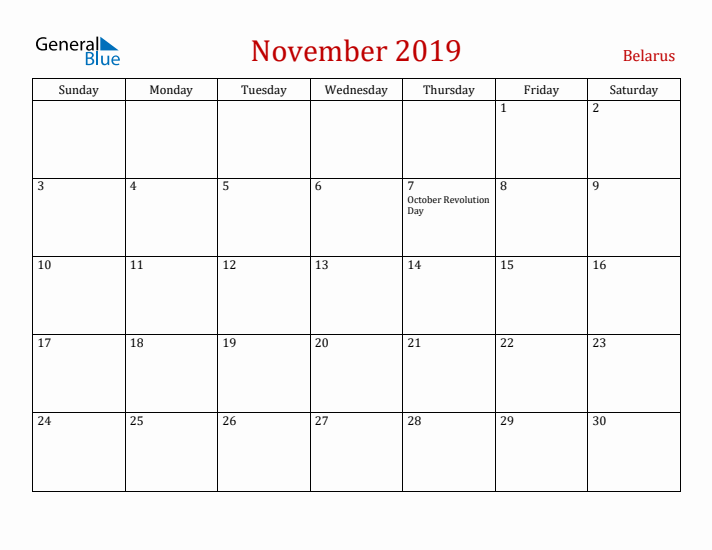 Belarus November 2019 Calendar - Sunday Start