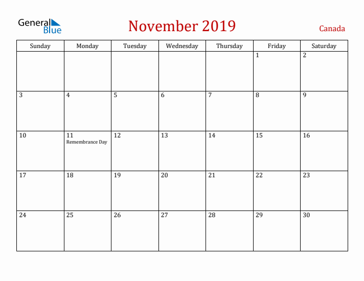 Canada November 2019 Calendar - Sunday Start