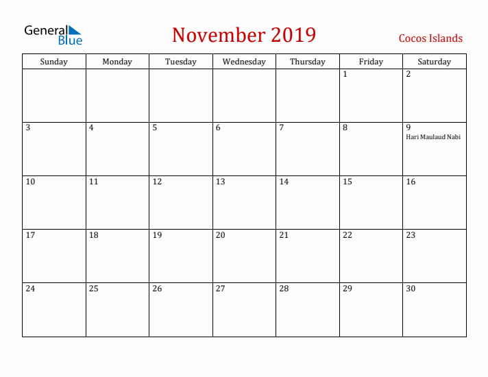 Cocos Islands November 2019 Calendar - Sunday Start