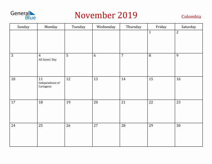 Colombia November 2019 Calendar - Sunday Start