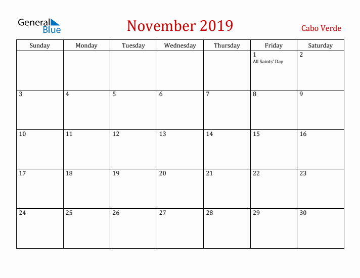 Cabo Verde November 2019 Calendar - Sunday Start