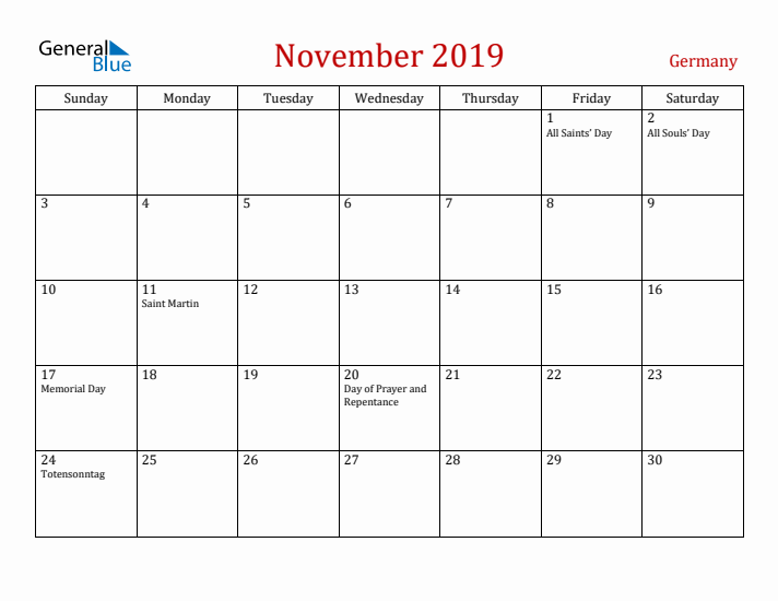 Germany November 2019 Calendar - Sunday Start