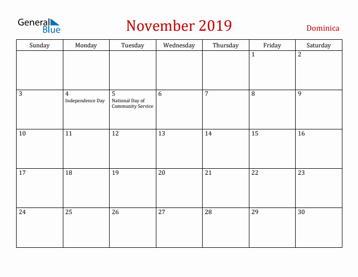 Dominica November 2019 Calendar - Sunday Start