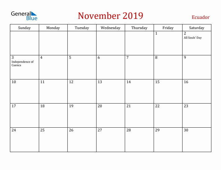 Ecuador November 2019 Calendar - Sunday Start