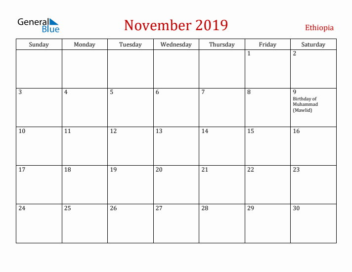 Ethiopia November 2019 Calendar - Sunday Start