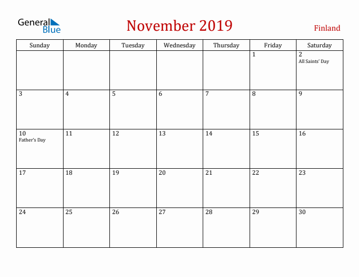 Finland November 2019 Calendar - Sunday Start