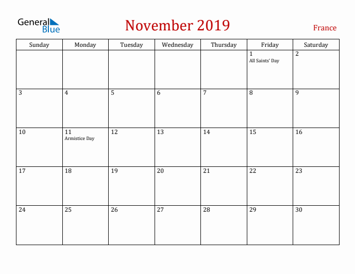 France November 2019 Calendar - Sunday Start