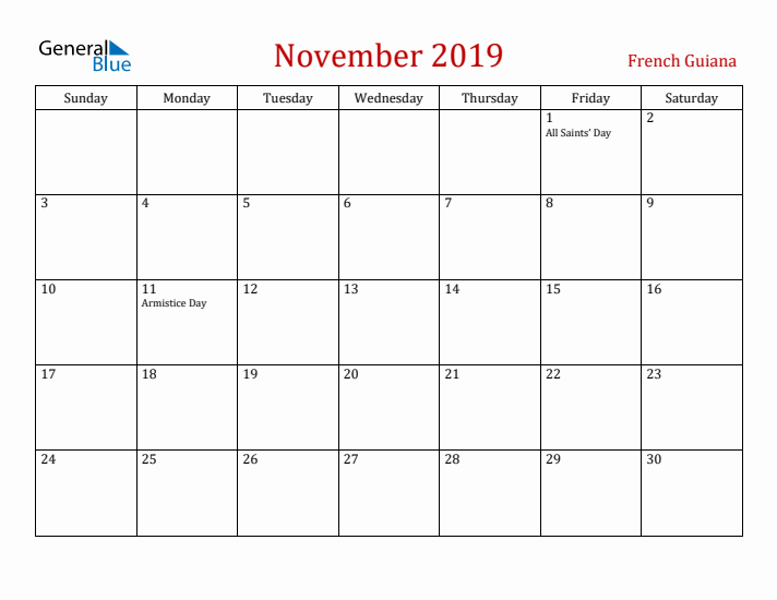 French Guiana November 2019 Calendar - Sunday Start