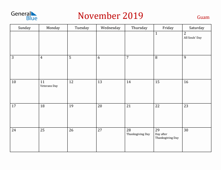 Guam November 2019 Calendar - Sunday Start