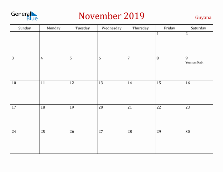 Guyana November 2019 Calendar - Sunday Start
