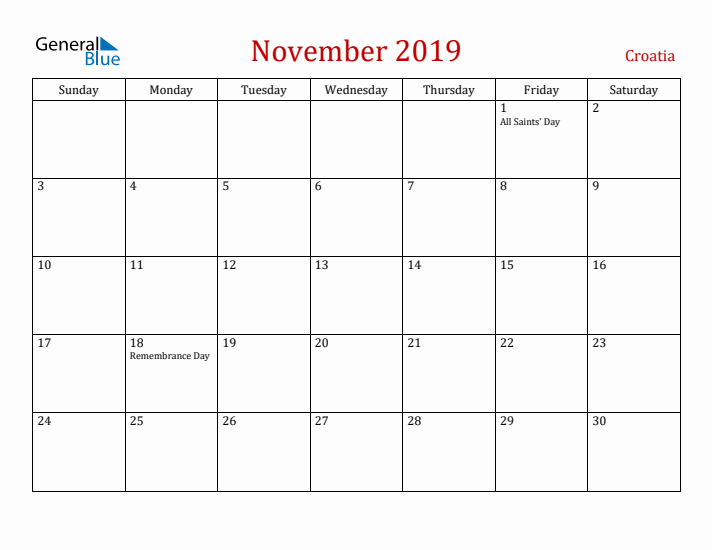 Croatia November 2019 Calendar - Sunday Start