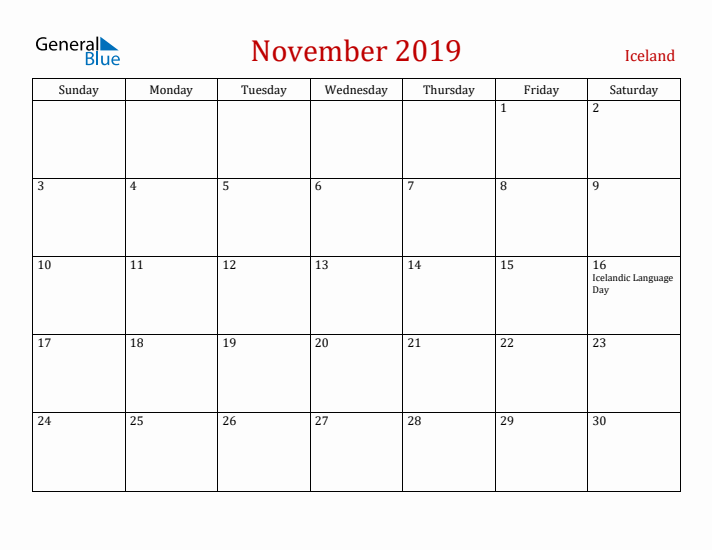 Iceland November 2019 Calendar - Sunday Start