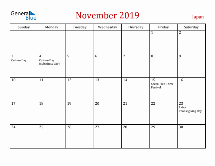 Japan November 2019 Calendar - Sunday Start