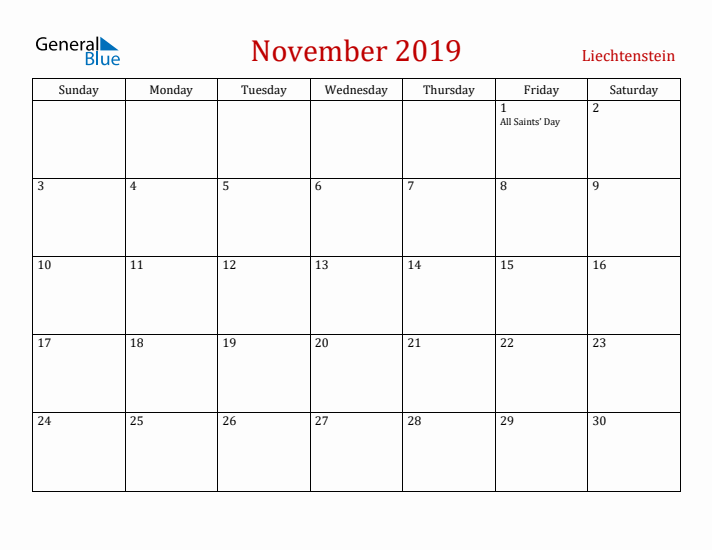 Liechtenstein November 2019 Calendar - Sunday Start