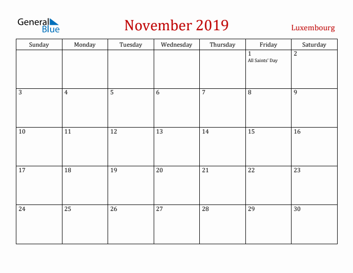 Luxembourg November 2019 Calendar - Sunday Start