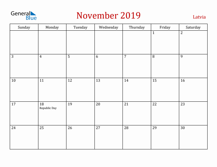 Latvia November 2019 Calendar - Sunday Start