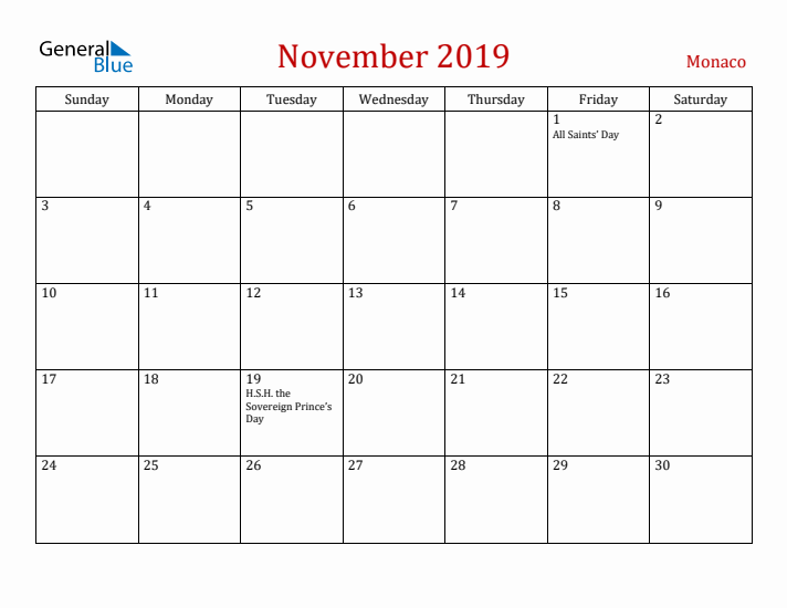 Monaco November 2019 Calendar - Sunday Start