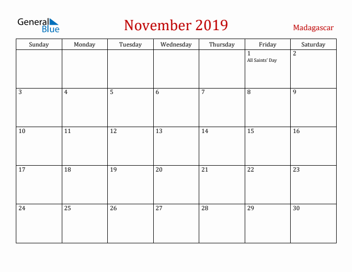 Madagascar November 2019 Calendar - Sunday Start