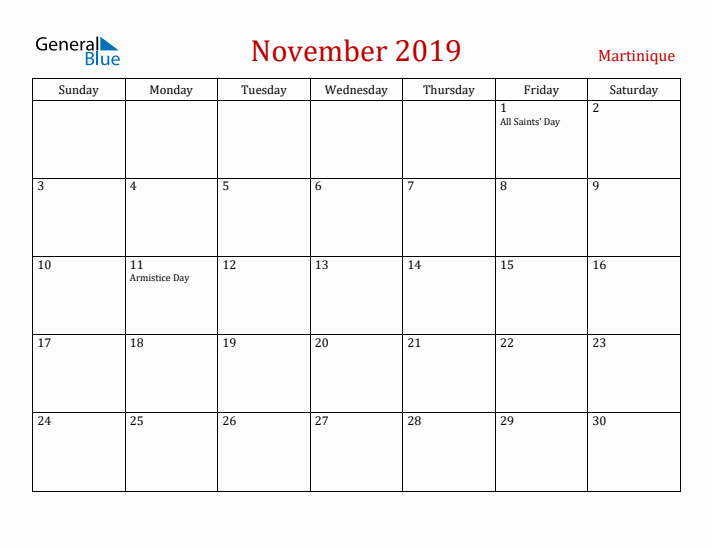 Martinique November 2019 Calendar - Sunday Start