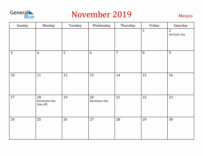 Mexico November 2019 Calendar - Sunday Start