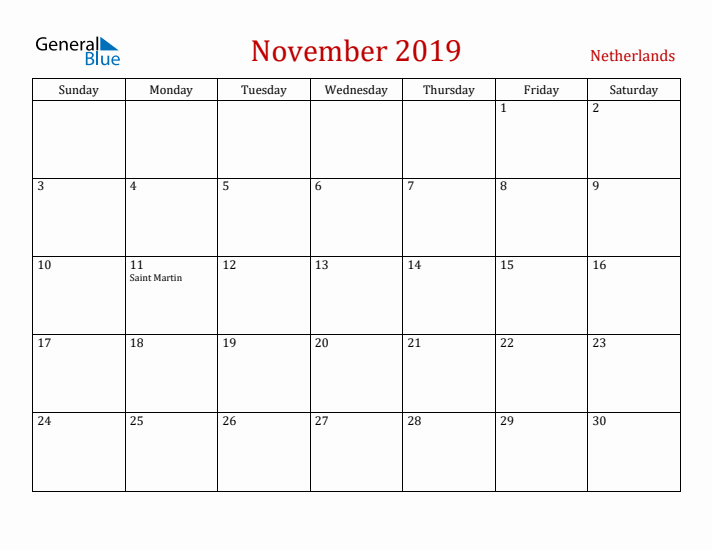 The Netherlands November 2019 Calendar - Sunday Start