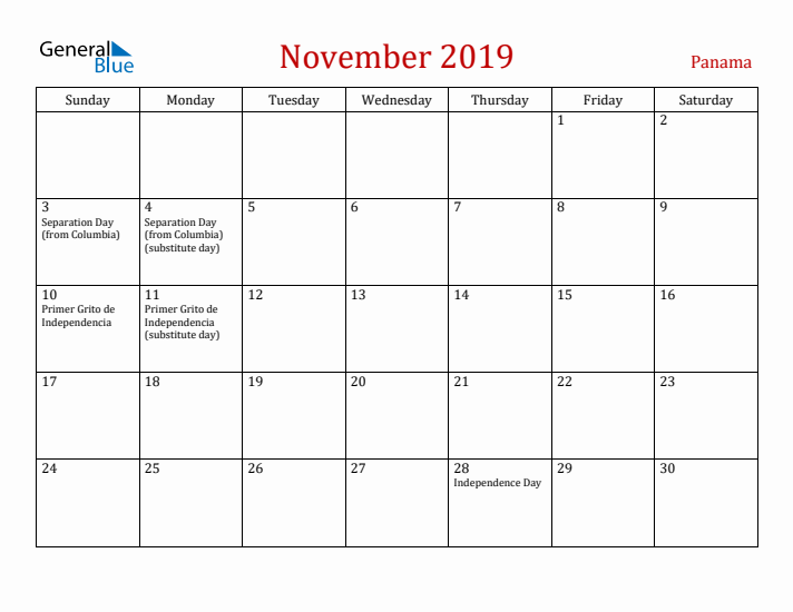 Panama November 2019 Calendar - Sunday Start