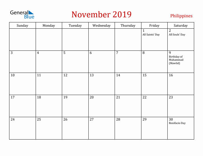 Philippines November 2019 Calendar - Sunday Start