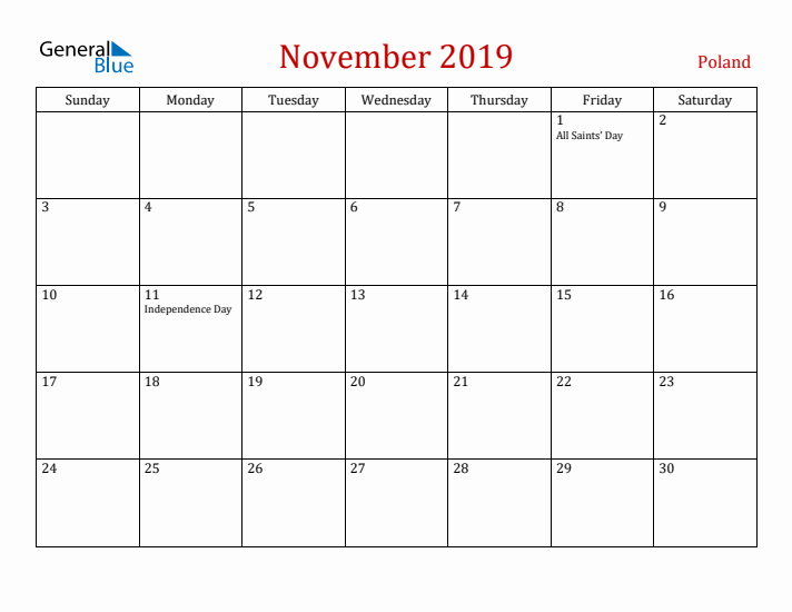 Poland November 2019 Calendar - Sunday Start