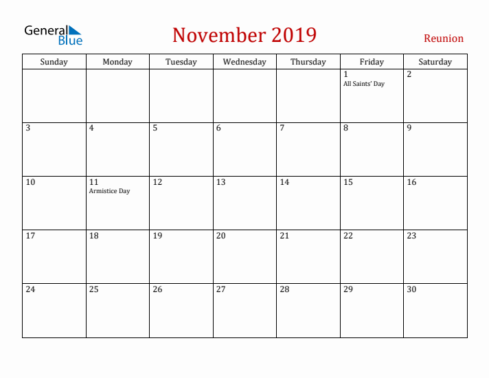 Reunion November 2019 Calendar - Sunday Start