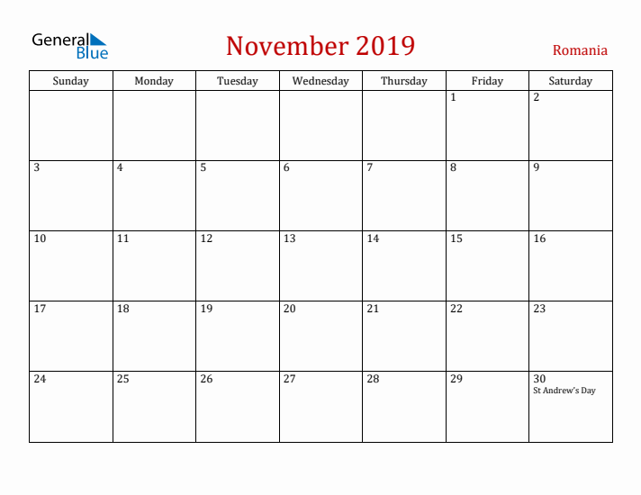 Romania November 2019 Calendar - Sunday Start