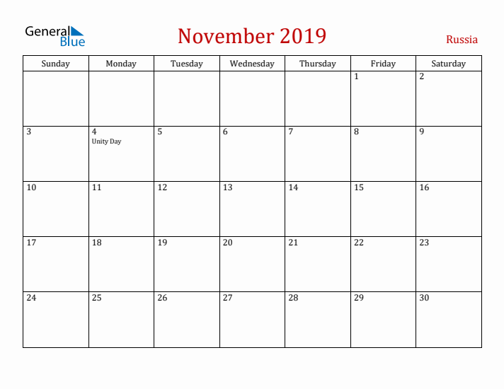 Russia November 2019 Calendar - Sunday Start
