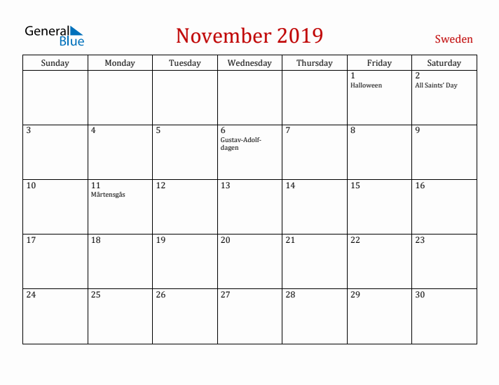 Sweden November 2019 Calendar - Sunday Start