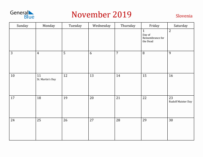 Slovenia November 2019 Calendar - Sunday Start