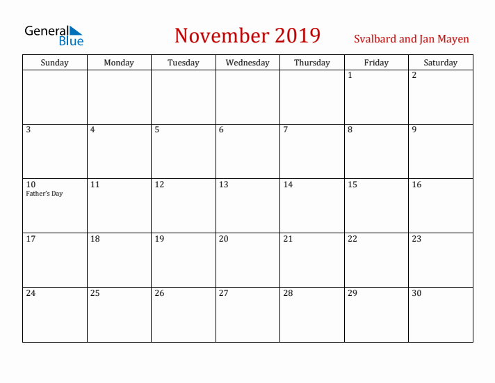 Svalbard and Jan Mayen November 2019 Calendar - Sunday Start