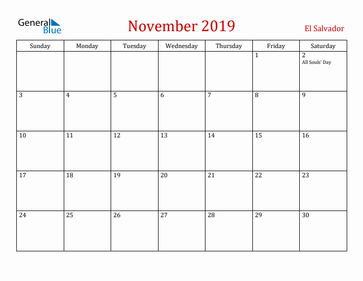 El Salvador November 2019 Calendar - Sunday Start