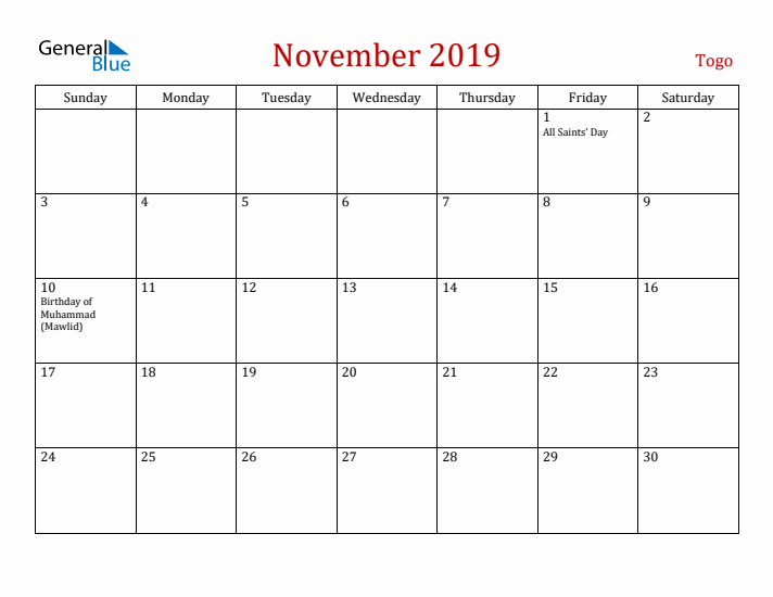 Togo November 2019 Calendar - Sunday Start