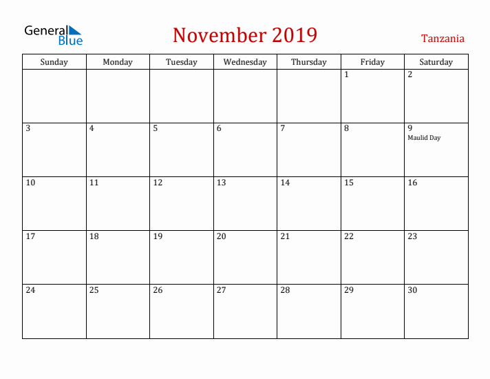Tanzania November 2019 Calendar - Sunday Start