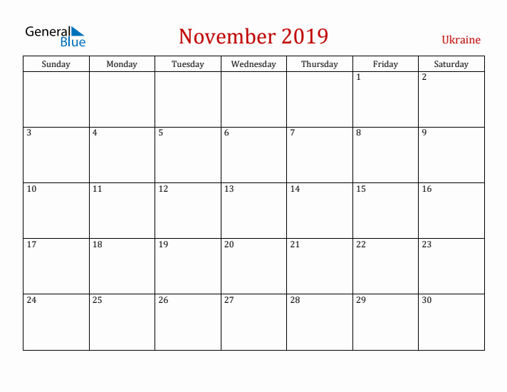 Ukraine November 2019 Calendar - Sunday Start