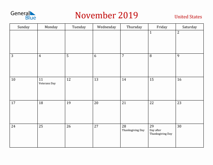 United States November 2019 Calendar - Sunday Start