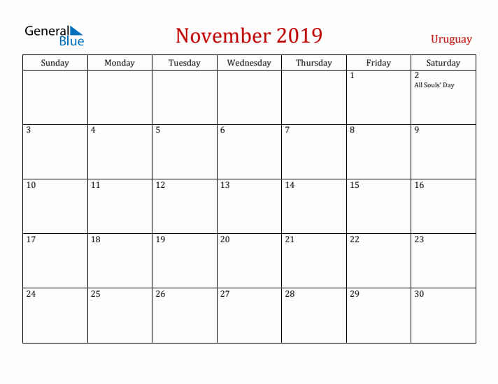 Uruguay November 2019 Calendar - Sunday Start
