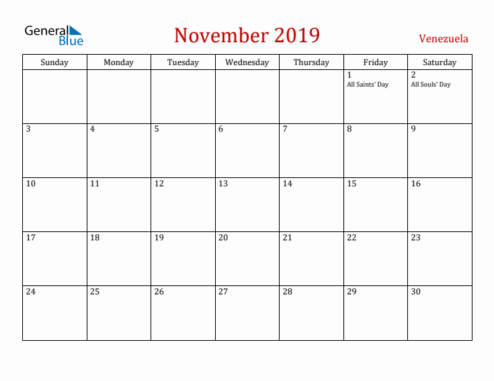 Venezuela November 2019 Calendar - Sunday Start