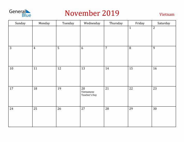 Vietnam November 2019 Calendar - Sunday Start