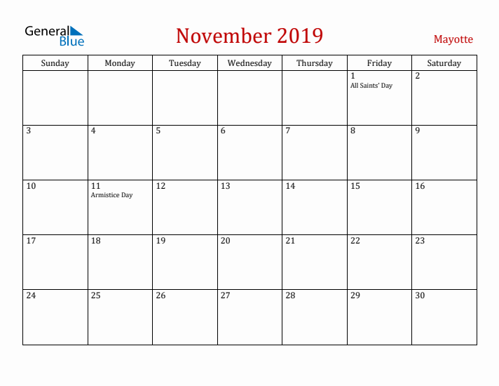 Mayotte November 2019 Calendar - Sunday Start