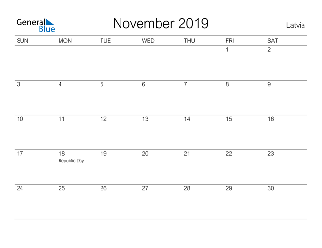 November 2019 Calendar - Latvia