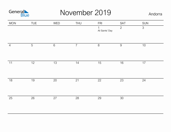 Printable November 2019 Calendar for Andorra