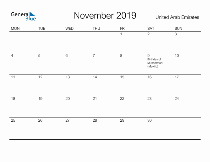 Printable November 2019 Calendar for United Arab Emirates