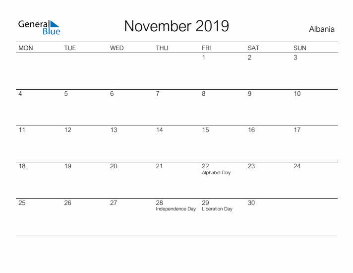 Printable November 2019 Calendar for Albania