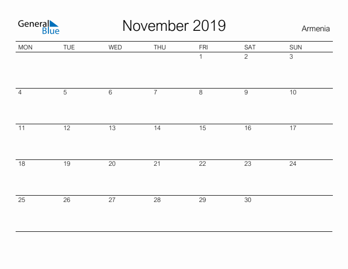 Printable November 2019 Calendar for Armenia